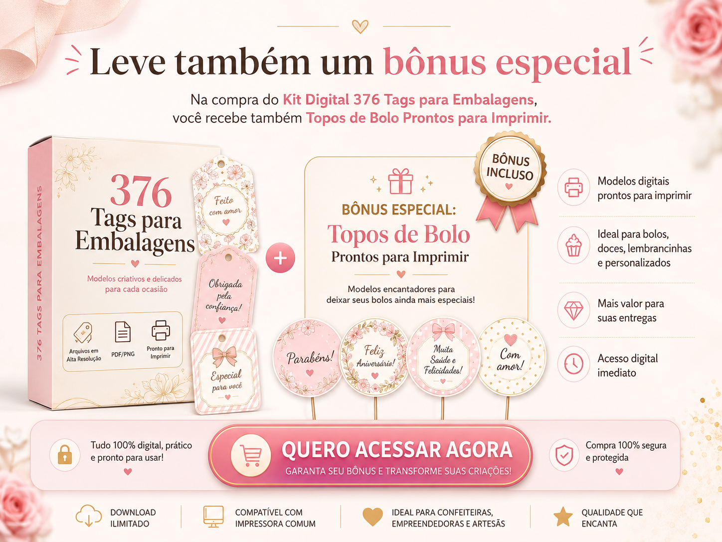Bônus especial Topos de Bolo Prontos para Imprimir incluso no Kit 376 Tags para Embalagens